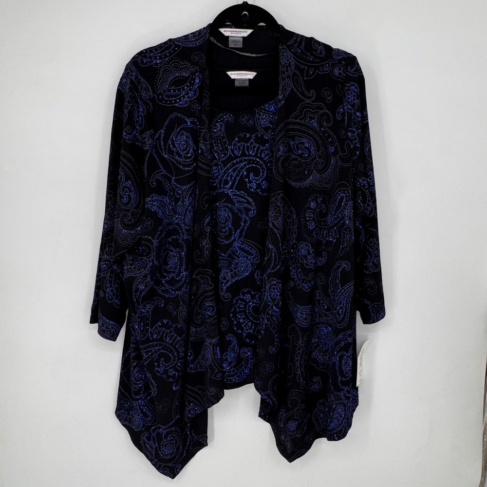 Allison Daley Twin Set Women 2X Black Blue NEW Glitter Paisley Cardigan Tank